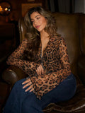 DERMEARNE Rockmoer Leopard Print Mesh Shirts Sexy See Through Ruffled Long Sleeve Tie Front Women's Cardigan Tops Y2K Retro Slim Blouses