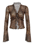 DERMEARNE Rockmoer Leopard Print Mesh Shirts Sexy See Through Ruffled Long Sleeve Tie Front Women's Cardigan Tops Y2K Retro Slim Blouses