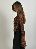 DERMEARNE Rockmoer Leopard Print Mesh Shirts Sexy See Through Ruffled Long Sleeve Tie Front Women's Cardigan Tops Y2K Retro Slim Blouses