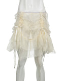 DERMEARNE Rockmore Boho Ruffle Hem Drawstring Sheer Lace Skirt Women Fairycore Tiered Layer Midi Skirt for Daily Holiday Vacation Summer