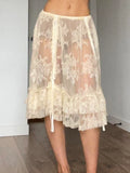 DERMEARNE Rockmore Boho Ruffle Hem Drawstring Sheer Lace Skirt Women Fairycore Tiered Layer Midi Skirt for Daily Holiday Vacation Summer