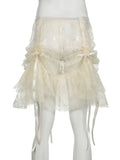 DERMEARNE Rockmore Boho Ruffle Hem Drawstring Sheer Lace Skirt Women Fairycore Tiered Layer Midi Skirt for Daily Holiday Vacation Summer