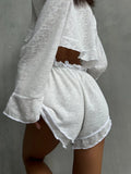 DERMEARNE Home Cardigan Lace Up Beach Shorts Suit Spring and Summer Women Sexy Loose Soft Micro Perspective Top Mushroom Edge Shorts Set