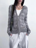 Zip Up Hooded Cardigan Women Japanese Y2k Style Hollow Crop Sweater Vintage Gray Thin Knitted Long Sleev Tops
