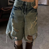 Retro High Street Y2k Girls Denim Shorts Summer Streetwear Holes Wide Leg Baggy Boyfriend Jeans for Women Loose Five Point Pants