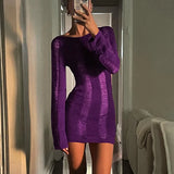 DERMEARNE Sexy Women Backless Cutout Dress Long Sleeve Round Neck Solid Color Crochet Knit See Through Mini Dress Summer Beach Sundress