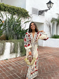 DERMEARNE Women Floral Print Boho Maxi Dress Ethnic Style O Neck Half Puff Sleeve Oversize Vestidos 2025 Casual Beach Holiday Long Robe