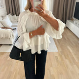 DERMEARNE Elegant Ruffle Solid Women Shirts See Through V-neck Long Lantern Sleeve Lady Top 2025 Spring Office Oversize Female Blouses