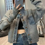 Korean Style Design Niche Loose and Western-style Sweater Women's 2024 Autumn New Denim Patchwork Knitted Top Fashionable Jacket