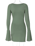 DERMEARNE Dulzura Flare Long Sleeve Mini Dress Women Bodycon Sexy Green Slit Short Dress Party Club Outfits Outfits 2025 Spring Summer