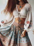 DERMEARNE Lantern Sleeves Boho Blouse Floral Pattern V Neck Lace-up Ethnic Style Women Tops Spring Summer Autumn Cropped Chic Blouses
