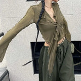 DERMEARNE Long Flare Sleeve Sexy Sweet Hot Girls Korean Blouses for Women Lace-up Mesh Fashion Style All-match Solid Design Elegant Casual