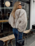 DERMEARNE Fashion Faux Fur Jacket Coat Women Warm Fluffy Loose Long Sleeve V-neck Female Cardigan 2025 Winter Solid Lady Street Outwear