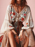 Dermearne Lantern Sleeves Boho Blouse Floral Pattern V Neck Lace Patchwork Ethnic Style Women Tops Spring Summer Autumn Chic Blouses