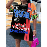 DERMEARNE Summer Women's New Plus Size Outdoor Casual Cartoon BADGIRL Full Printed English Pattern Comfortable Loose Long T-shirt