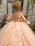 DERMEARNE Pretty Dress Pink Flower Girl Dress Princess Lace Floral Appqulies Tulle Fluffy Skirt Floor Length Ball Gowns Comuunion Party