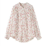 DERMEARNE Floral Chiffon Shirt Tops Spring Autumn New Long Sleeve Polo Neck Printing Loose Youth Blouse Fashion Sweet Cute Women Clothing