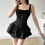 Vintage Dark Fairy Grunge Striped Ruffles Hem Black Rompers Sexy Lace Straps Y2K Playsuits Gothic Trim Zip One-piece Streetwear