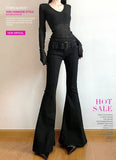 DERMEARNE Women's Black Flare Pants Y2k Retro Emo 2000s Streetwear Fashion Trousers Harajuku Wide Yoga Pants 90s Aesthetic Clothes