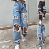 2024 Large Washed Tattered Jeans Women's Spring and Summer Hot Girls High Waist Straight Tube Loose Beggar Wide Leg Pants