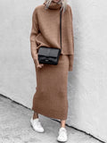 Autumn Winter New Women's Woven Mid Length Skirt Set Solid Color Casual Long Sleeved High Neck Warm Comfortable Sweater