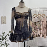 DERMEARNE Women's Retro Chic French Square Neck Lace-Up Bell Sleeve Long Sleeve Top Personalized Smudged Print Irregular Hem Sweety Shirt