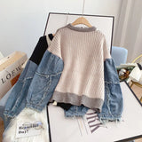 Frayed Patchwork Long Sleeve O-Neck Mohair Knit Jumpers Women's Sweater Loose Female Sweaters Tops Woman Clothing Fashion