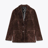 DERMEARNE Women 's Suede jacket Vintage Laple Full Sleeve Pockets Thicken Outwears Female 2025 Spring Fashion New Lady Demi-season jacket