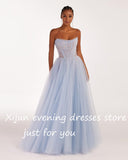 Xijun Dubai Sky Blue Tulle Evening Dresses Strapless Sleeveless Pleat Ruched Saudi Arabic Women Formal Party Prom Gown 2023