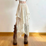 DERMEARNE Lace Asymmetrical Skirt Fairycore Women Vintage Y2K Boho Aesthetic Fashion High Waist Mid Skirts Lady Holiday Outfits