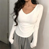 2024 Sexy V-Neck Solid T-Shirt Women Tops Spring Autumn Long Sleeve Thin Tshirt Elasticity Tee Shirt Femme
