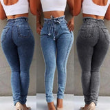 DERMEARNE Fashion Belted High Waist Skinny Jeans Women Slim Tassel Waistband Stretch Denim Long Pencil Pants Jeans