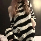 Dermearne New Punk Gothic Sweater Oversized Pullovers Women Striped Cool Hollow Out Hole Broken Jumper Harajuku Aesthetics Sweater