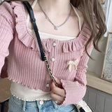Kawail Cropped Knitted Cardigan Bow Slim Sweater Japanese Fashion Women's Aesthetic Knitwear Spring Cute Sweet Preppy