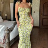 DERMEARNE Summer Long Dress For Women 2025 Spaghetti Strap Floral Print Slim Bodycon Beach Vestidos