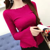 DERMEARNE 2025 New Spring and Autumn Fashion Simple Solid Elastic Slim Fit Wooden Ear Edge One Line Neck Flare Sleeve Knit Underlay Shirt