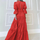 DERMEARNE Elegant Ruffle Splicing High Waist And Large Swing Dress For Spring 2025 New Women's Fashion V-neck Long Sleeved Maxi Dress