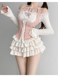 Elegant Women's Set Knitted 3 Piece Tutu Skirts Sets Y2k Crop Tops Blouse + Mini Skirts Lolita Dress Sets New In Matching Set