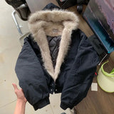 DERMEARNE Winter New Elegant Liner Fur Loose Coat Women Y2k Fur Collar Hood Thick Fashion Parkas Casual Outerwear Cotton Padded Jackets