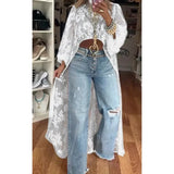 DERMEARNE 2025 Women's New Fashion Lace Floral Shirt Top With High Neck Puff Sleeve Through Hollow-Out Front Short After Long Top Blouse