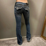 DERMEARNE Y2k American Pocket Embroidered Sequin Jeans Harajuku Retro Blue Loose Jeans New Fashionable High Waisted Slim Fit Flared Pants