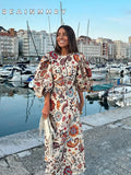 DERMEARNE Women Floral Print Boho Maxi Dress Ethnic Style O Neck Half Puff Sleeve Oversize Vestidos 2025 Casual Beach Holiday Long Robe
