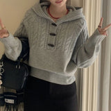 Korean Hooded Knits Gentle Style Lazy Cow Horn Button Fried Dough Twists Sweater Women's Top Coat Autumn/Winter 2024 Pullover