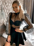 DERMEARNE Fashion Women Polka Dot Mesh Blouse Puff Long Sleeve Loose Shirts Sexy Elegant Vintage See Through Cover-ups Tops Summer Fall