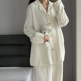 Korean Sleepwear Women Pajama Sets Solid Color Piiama Ruffles Pants Sets for Women 2 Pieces Autumn Night Wears Button Home Suit