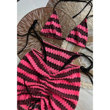 DERMEARNE Knitbikini Set Of Three Sexy Striped Swimwear Middle Age Polyester Fiber Beach Style Printed Knitted Bikini