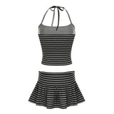 DERMEARNE Fashion Stripe Simple Halter Tops + A-Line Mini Skirts  Women’ Set Causal Design Trendy Clothing