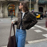 Fashion Lepard Knitted Sweater Cardigan For Women Loose Casual Long Sleeve Retro Single Breatted Sweater Autumn Outwear