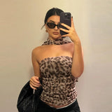 DERMEARNE Women Tulle Leopard Print Top with Bandeau Off-the-shoulder Straight-cut Neckline Summer Casual Girls for Summer Blouse