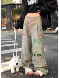 Women's Baggy Y2k Plaid Pants Streetwear Graphic Print Pants Vintage Harajuku High Waist Wide Leg Trousers Fashion Clothes 2024
